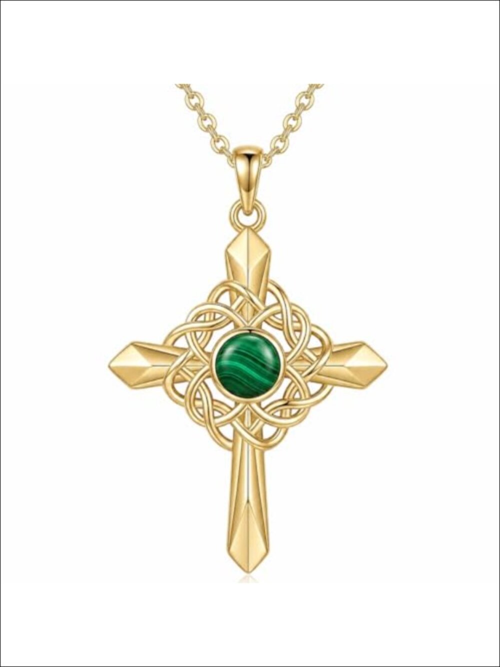 14K Gold Plated Celtic Cross Necklace Malachite Pendant Women Religious